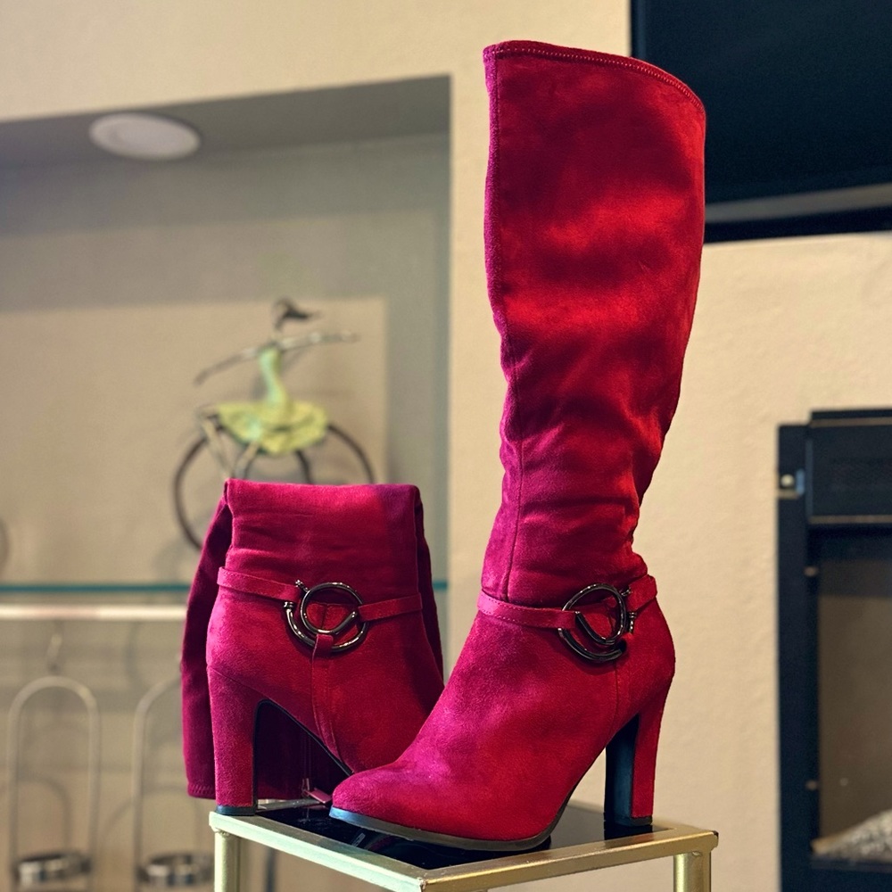IMPO STRETCH Olita RUBY RED Faux Suede  Harness Strap Heeled Boots